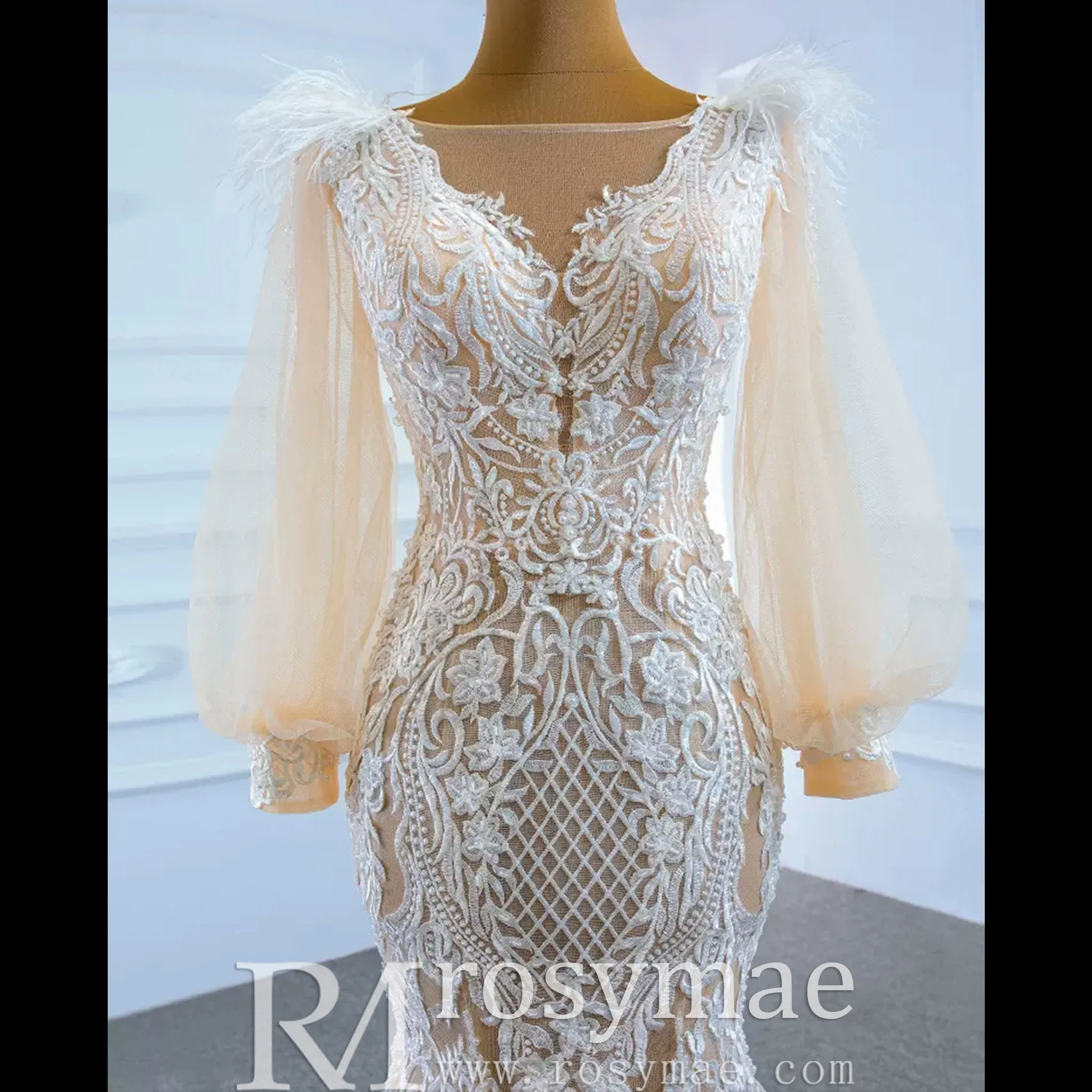 Illustion Neck Puffy Sleeved Mermaid Wedding Dress With Feather