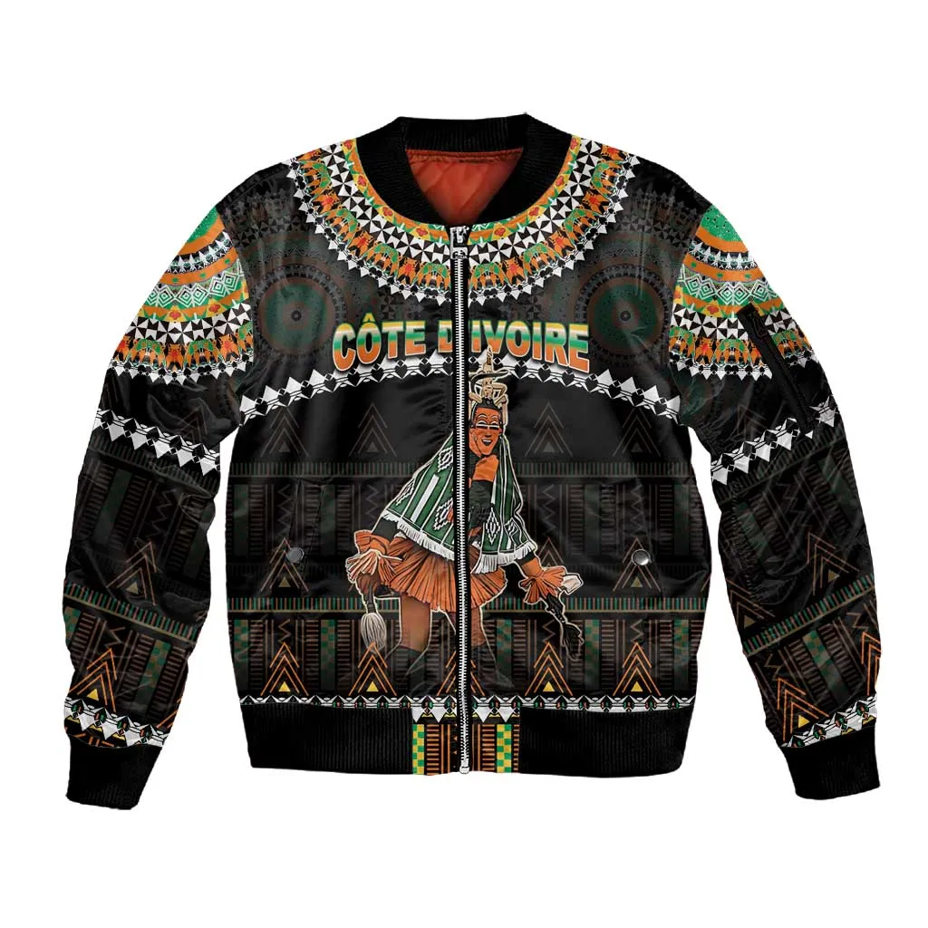 Ivory Coast Festival Of Masks Sleeve Zip Bomber Jacket Traditional Zaouli Dance LT05