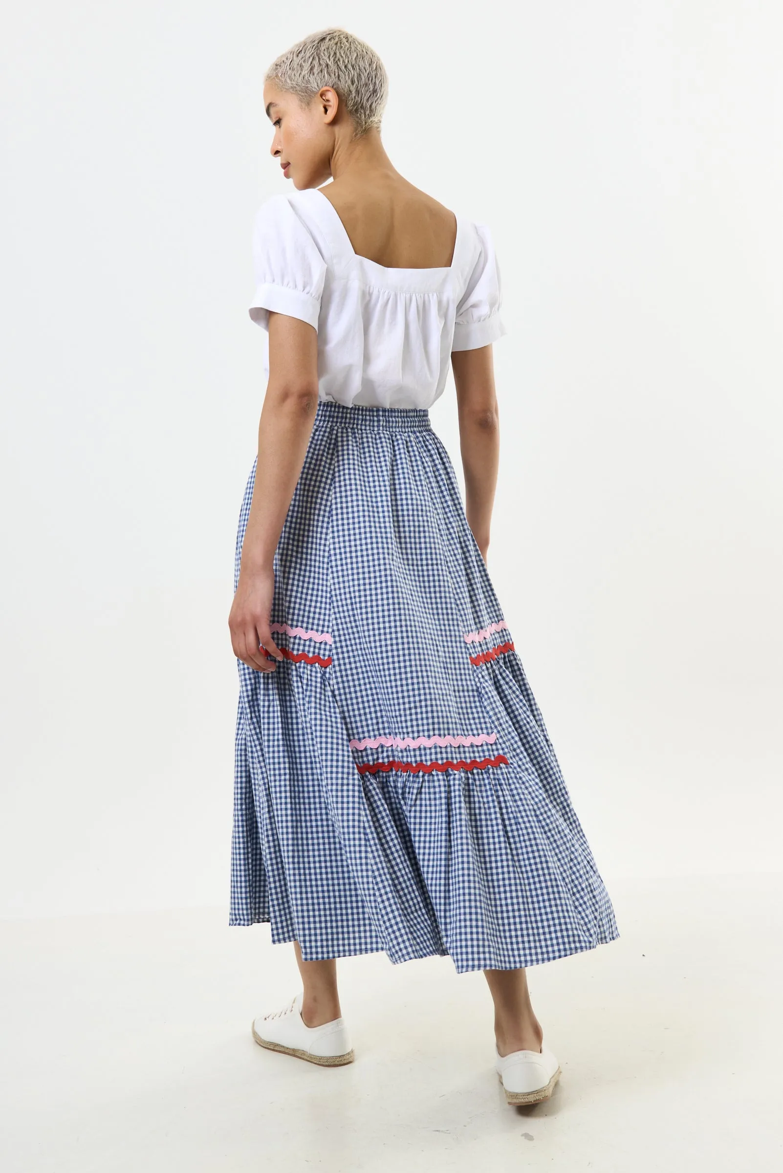 Jill Gingham Ric Rac Trim Tiered Midi Skirt - Blue