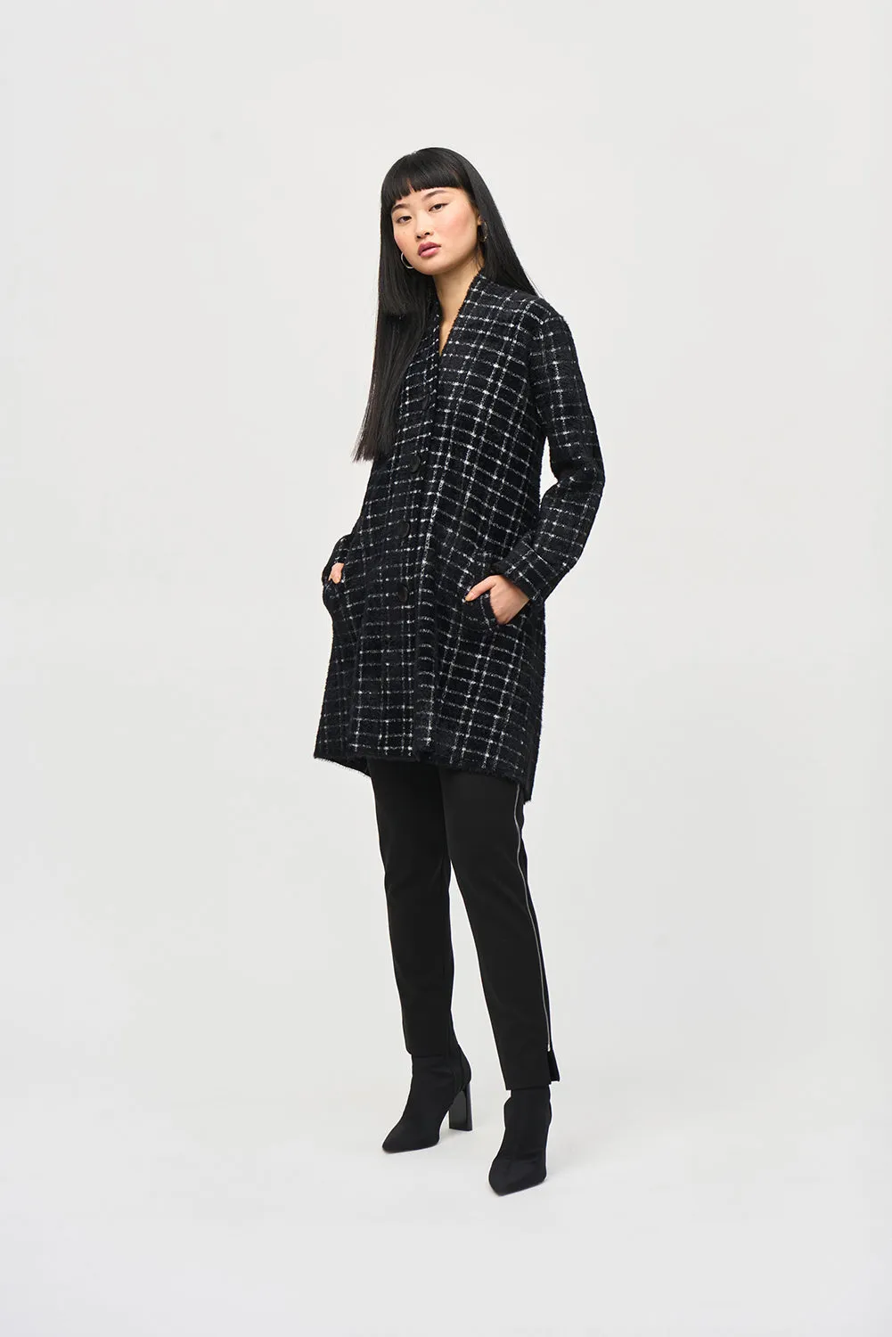 Joseph Ribkoff Plaid Feather Yarn Sweater Coat Jr243924