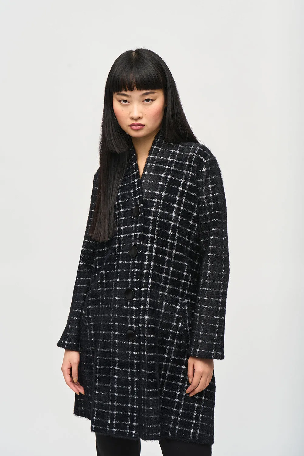 Joseph Ribkoff Plaid Feather Yarn Sweater Coat Jr243924