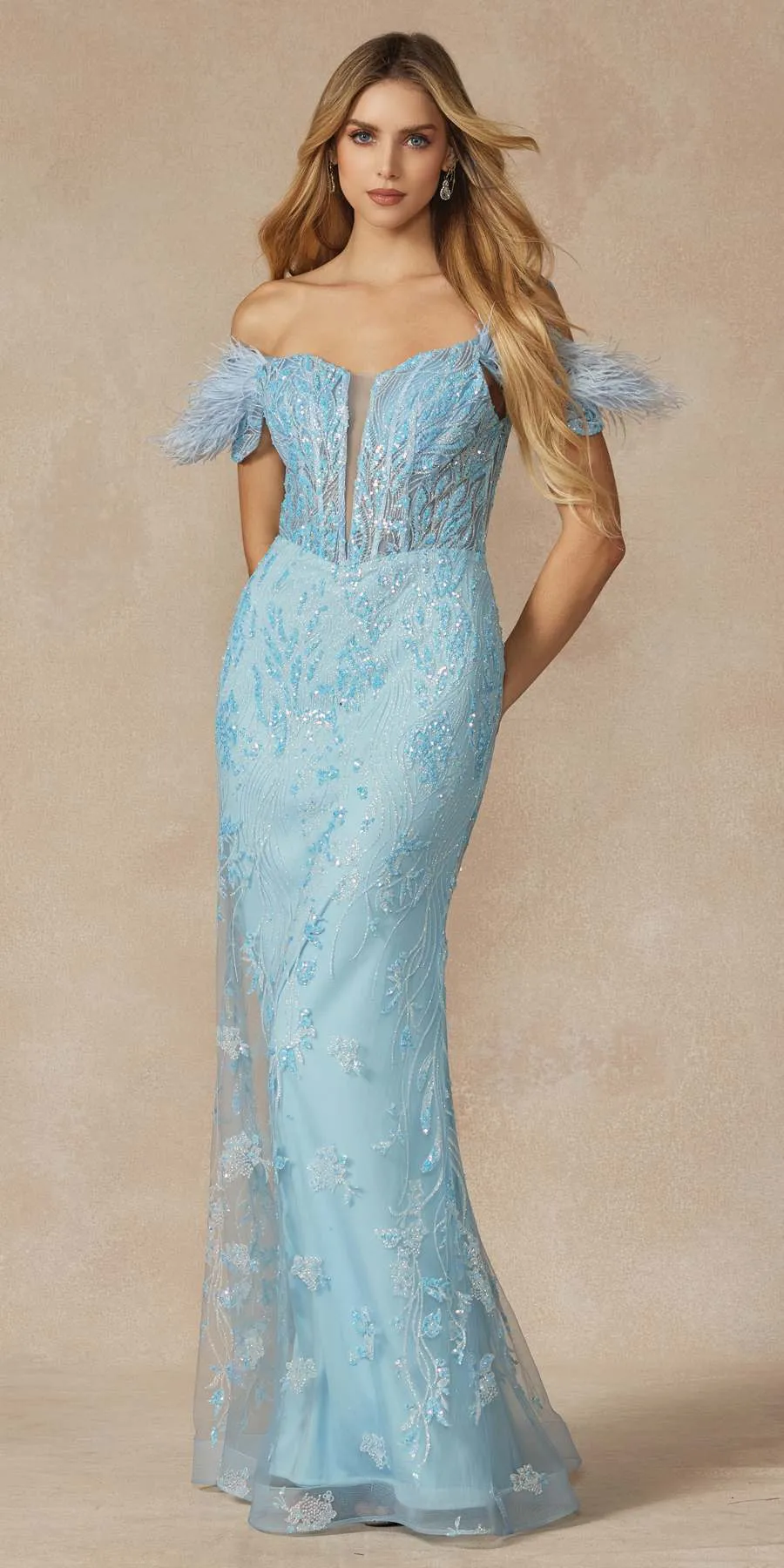 Juliet 288 Long Off the Shoulder Feather Strap Fitted Glitter Print Gown