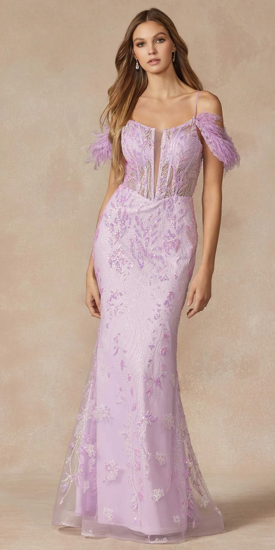 Juliet 288 Long Off the Shoulder Feather Strap Fitted Glitter Print Gown