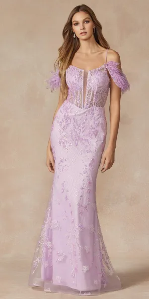 Juliet 288 Long Off the Shoulder Feather Strap Fitted Glitter Print Gown