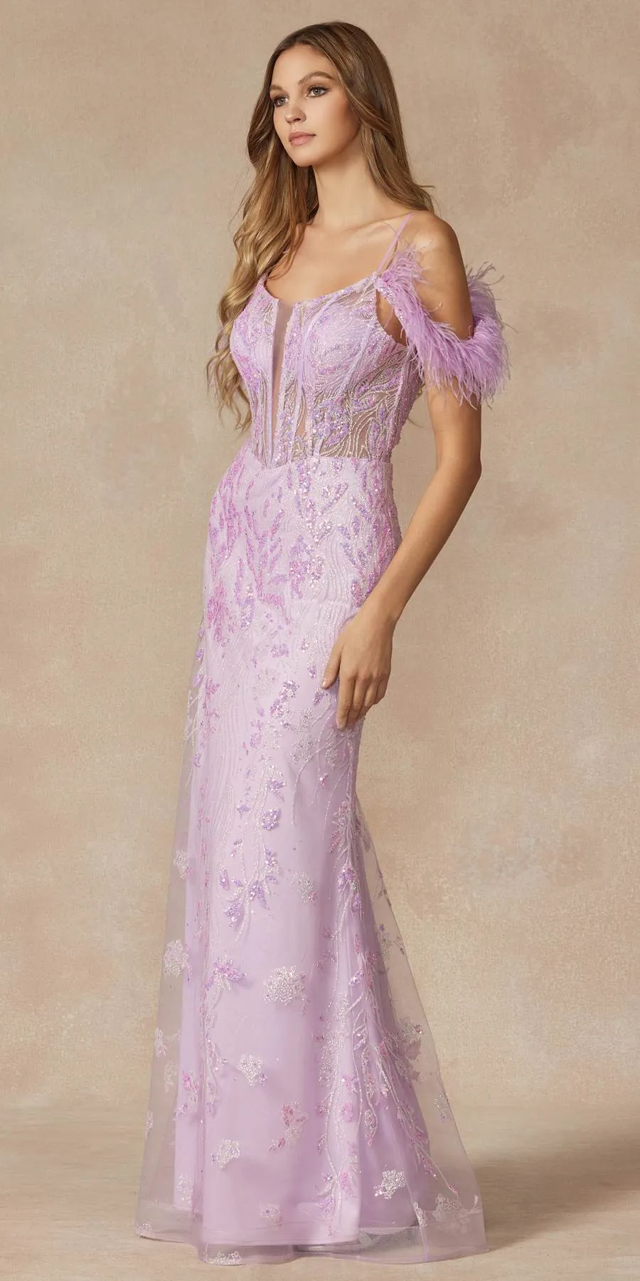 Juliet 288 Long Off the Shoulder Feather Strap Fitted Glitter Print Gown