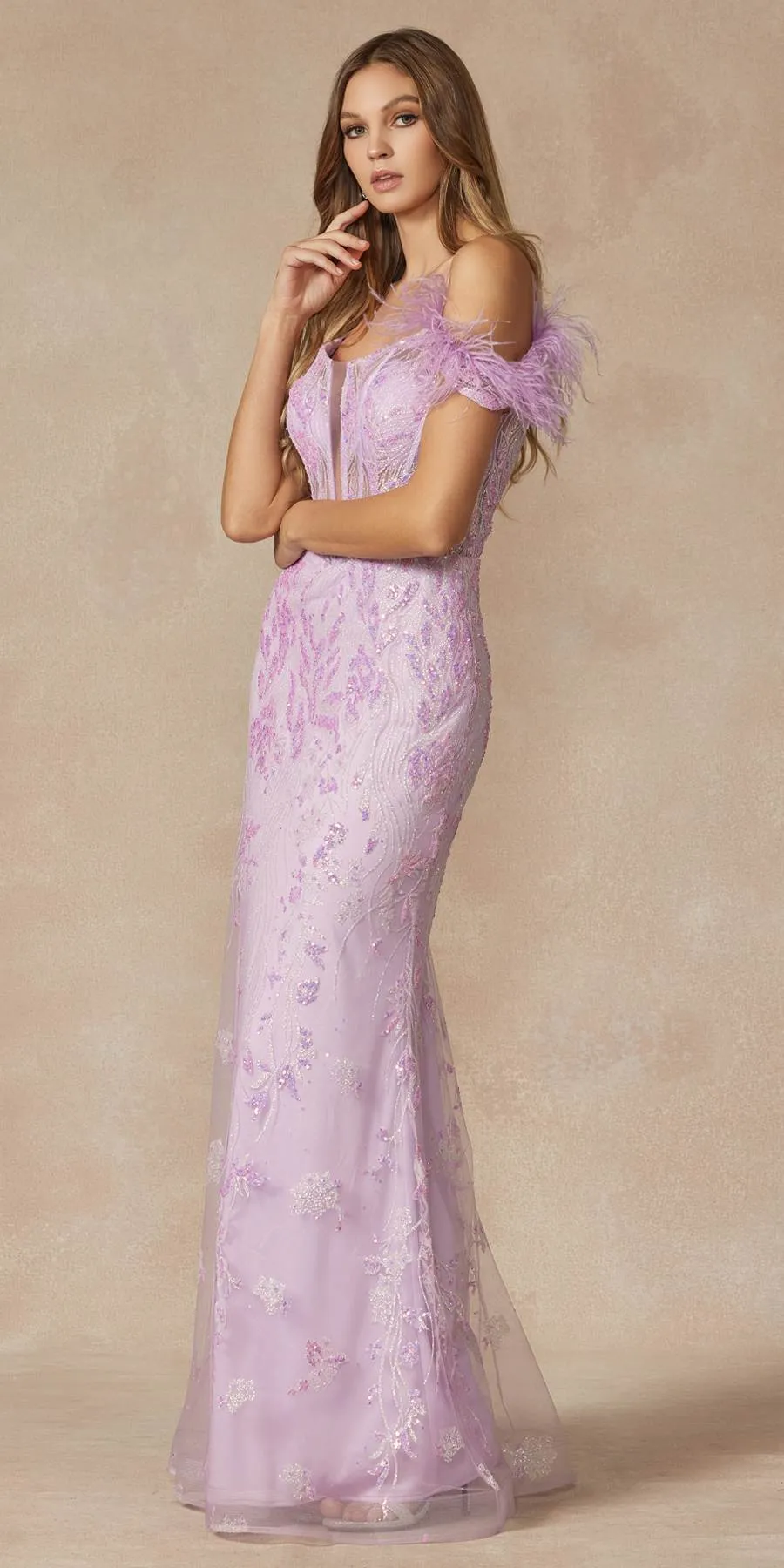 Juliet 288 Long Off the Shoulder Feather Strap Fitted Glitter Print Gown
