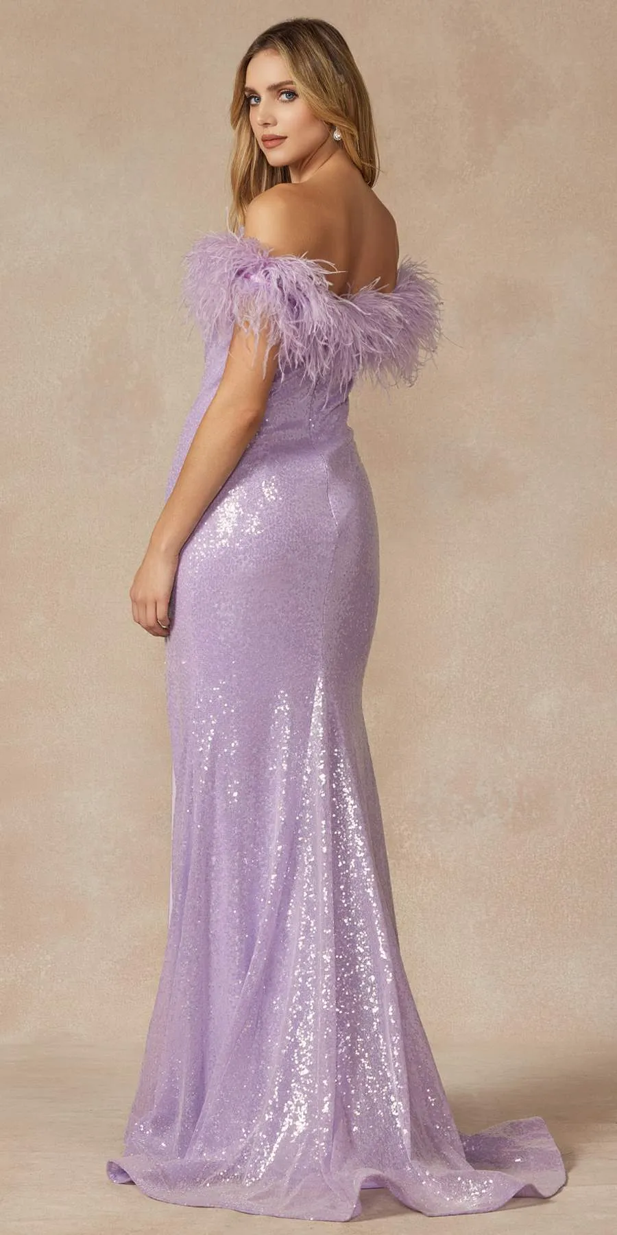Juliet 292 Long Feather Neckline Off the Shoulder High Slit Prom Gown