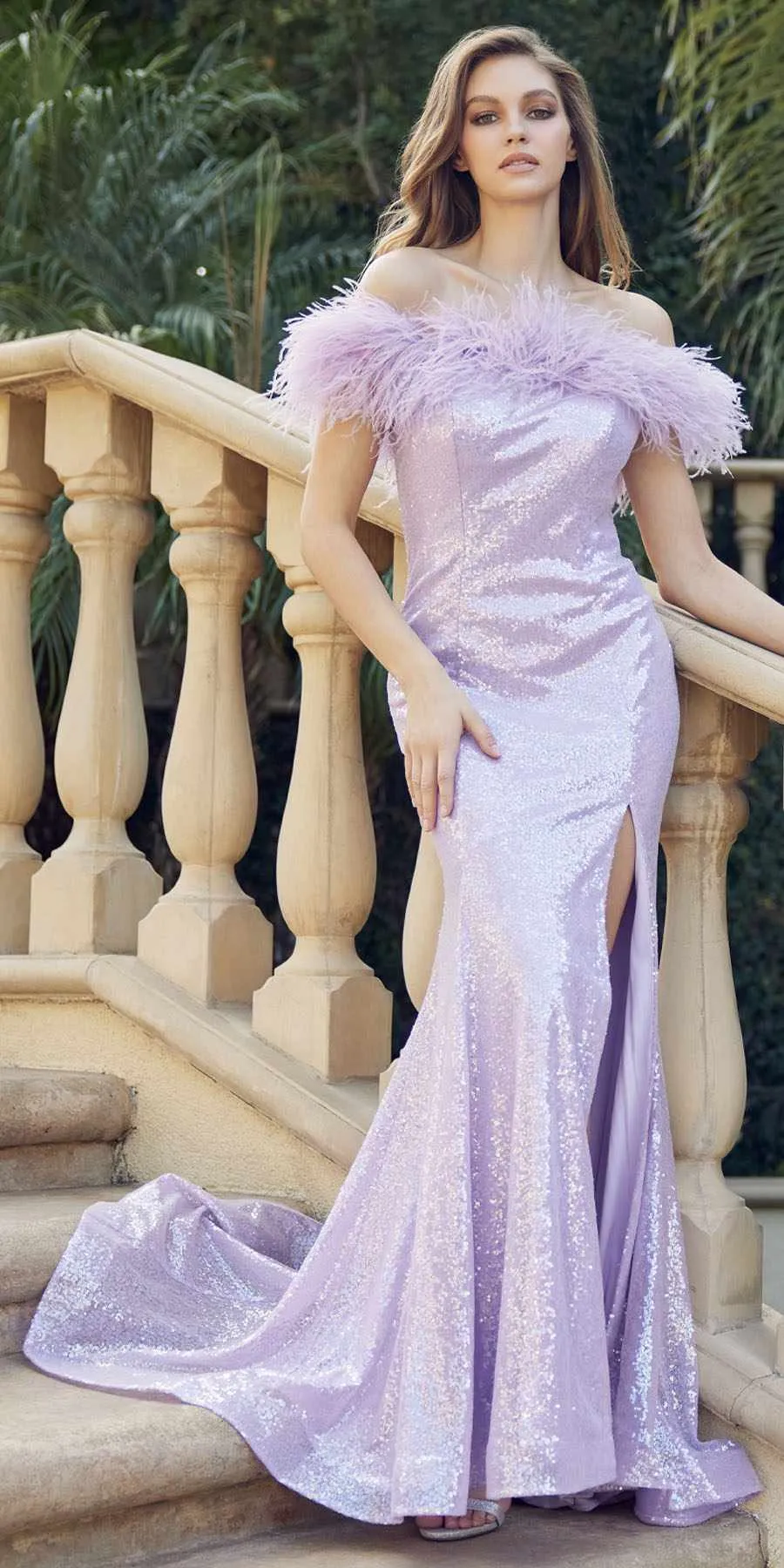 Juliet 292 Long Feather Neckline Off the Shoulder High Slit Prom Gown