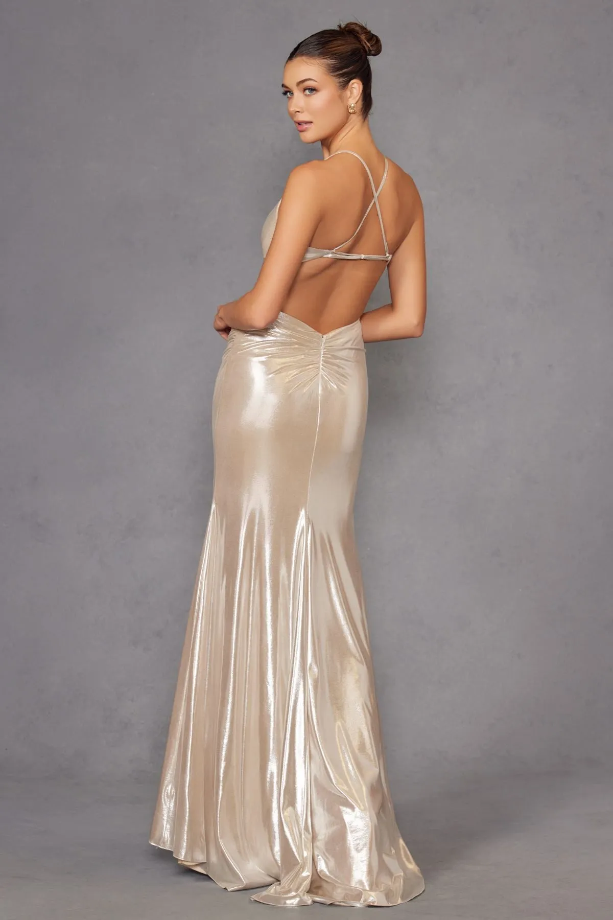 Juliet JT2502A Dress Long Halter Neck Fitted Metallic Gown
