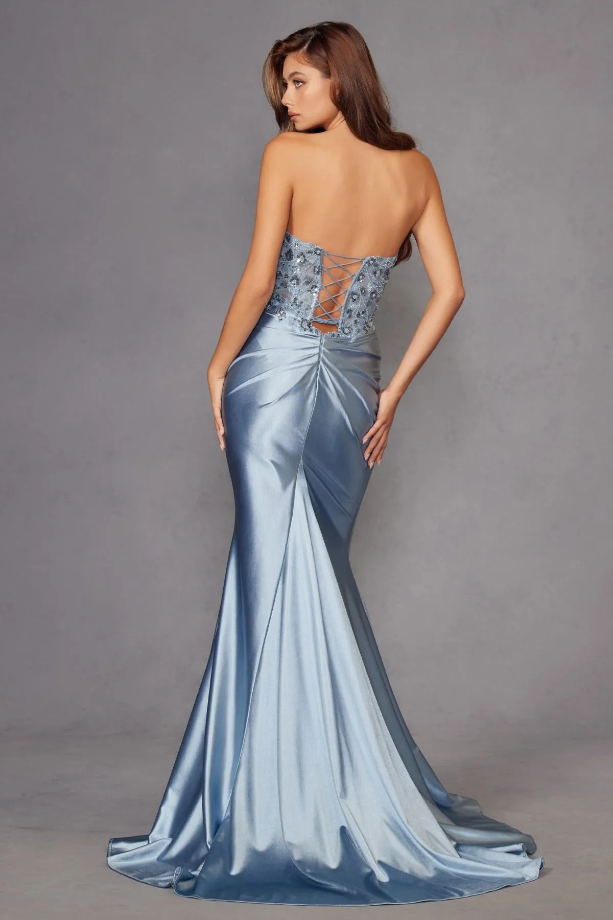 Juliet JT2534K Strapless Sweetheart Boned Corset Satin Prom Gown