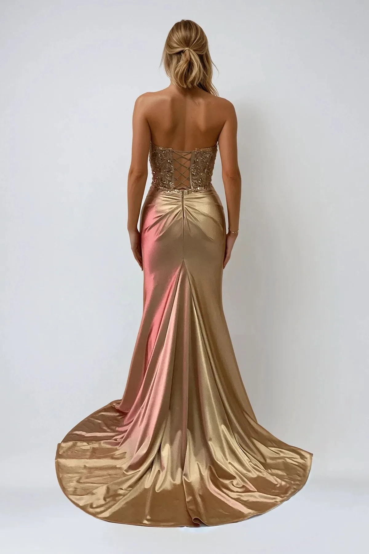 Juliet JT2534K Strapless Sweetheart Boned Corset Satin Prom Gown