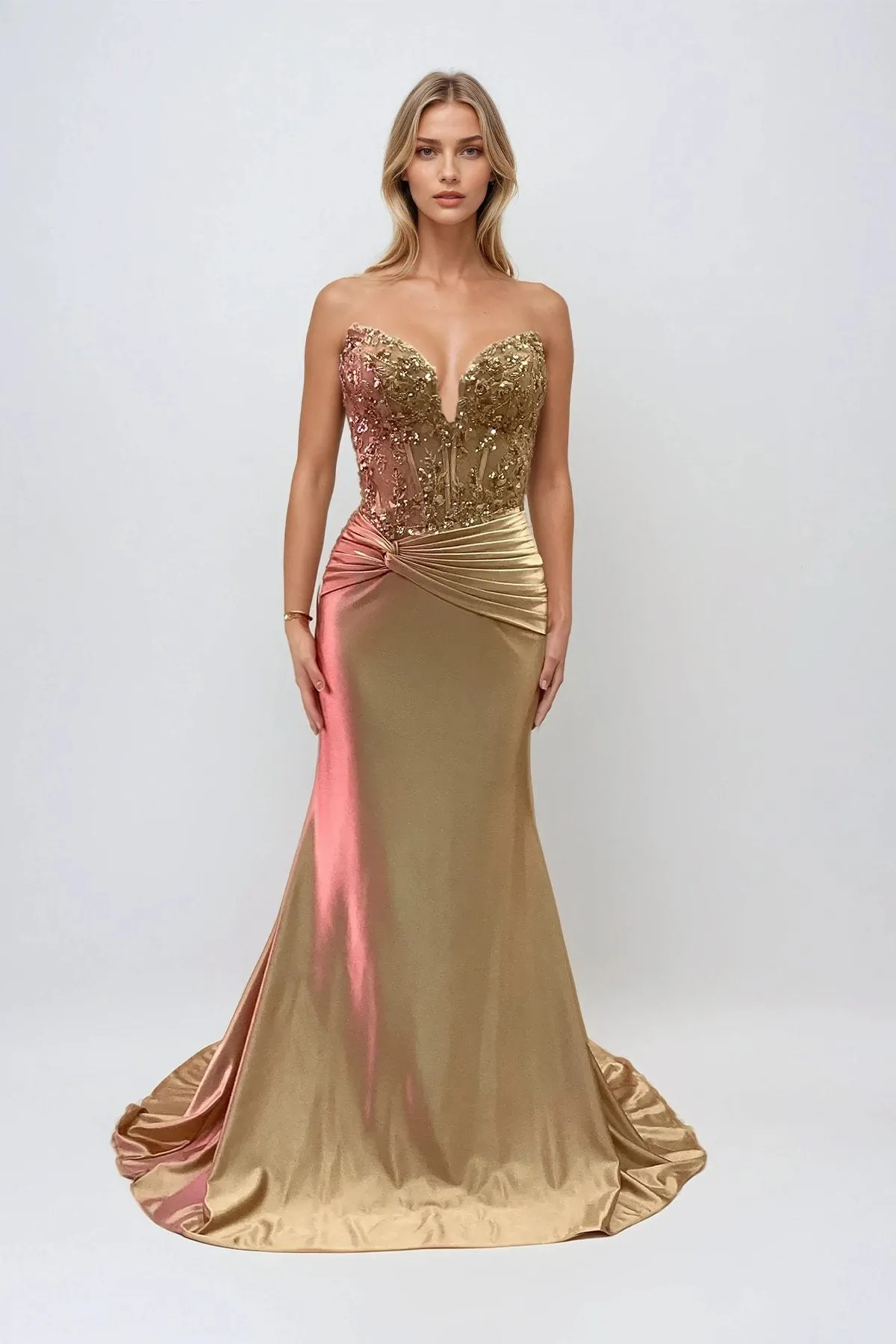 Juliet JT2534K Strapless Sweetheart Boned Corset Satin Prom Gown