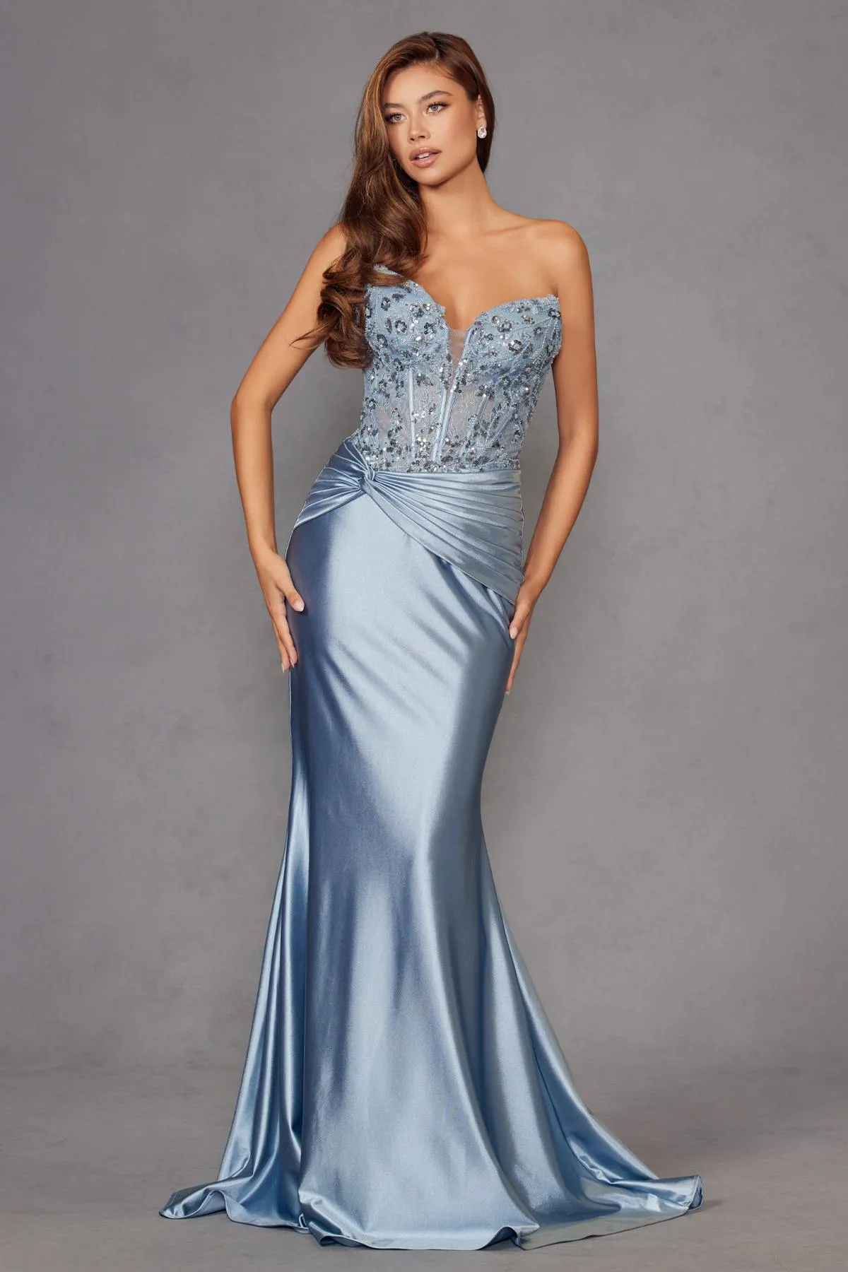 Juliet JT2534K Strapless Sweetheart Boned Corset Satin Prom Gown