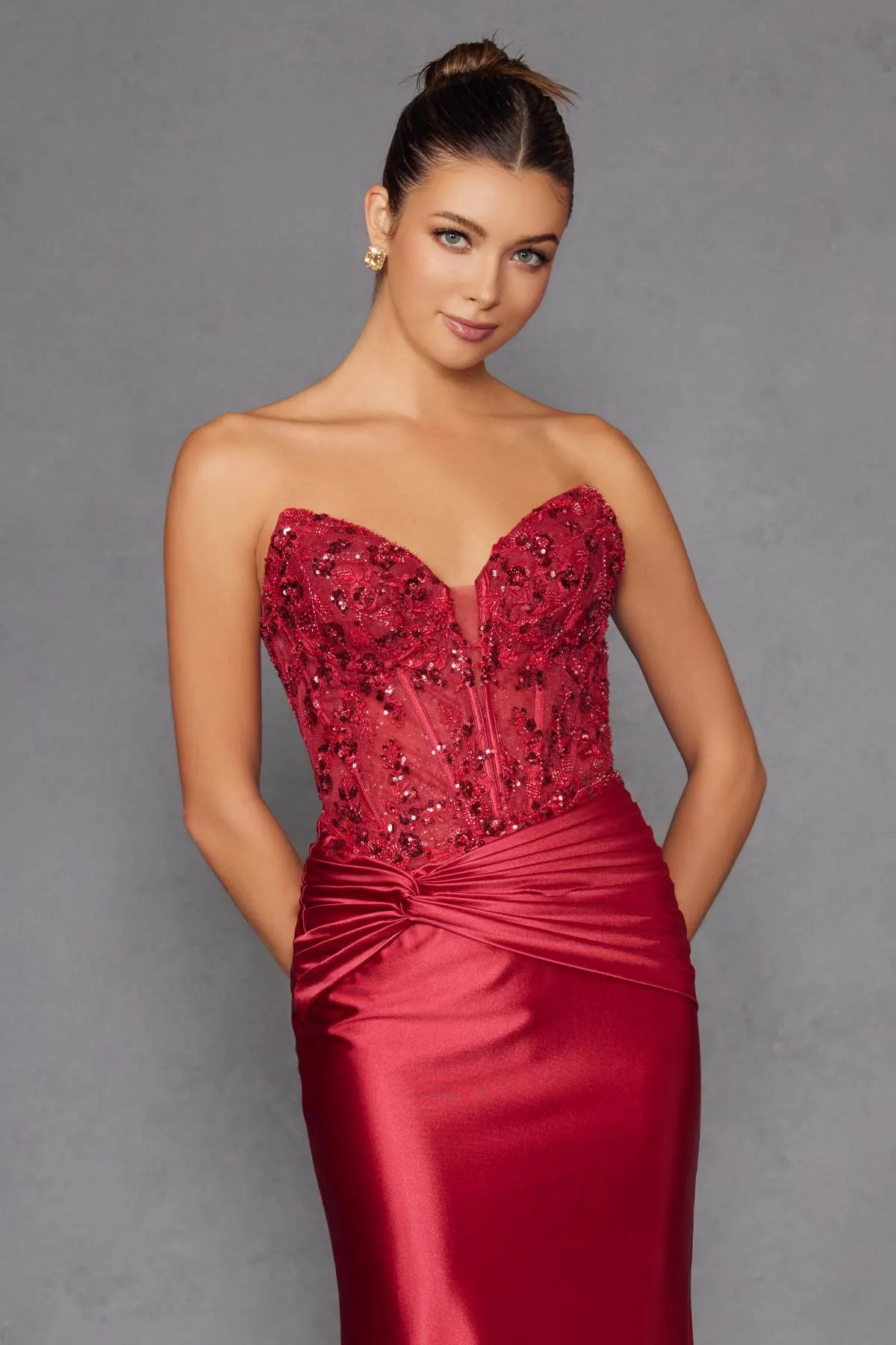 Juliet JT2534K Strapless Sweetheart Boned Corset Satin Prom Gown