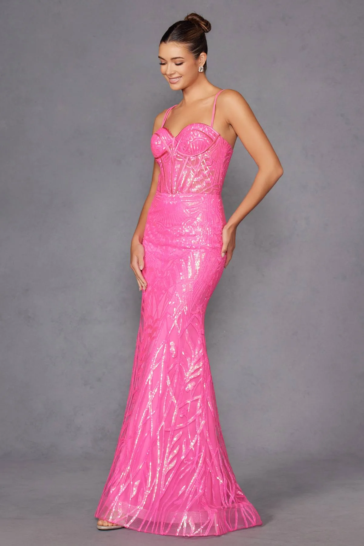 Juliet JT2886C Strapless Sweetheart Corset Sequin Fitted Gown