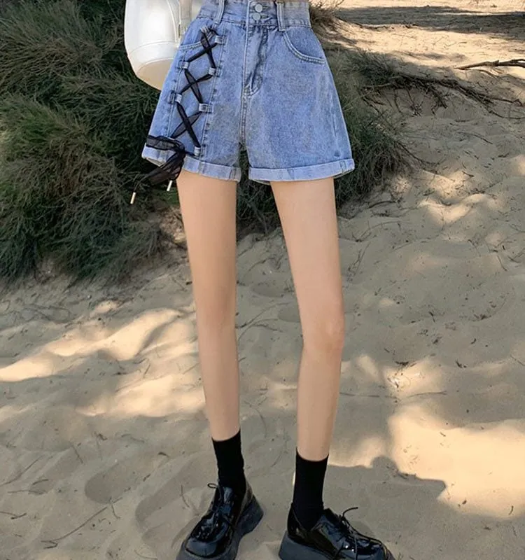 Korean High-waisted Lacing-up Denim Shorts