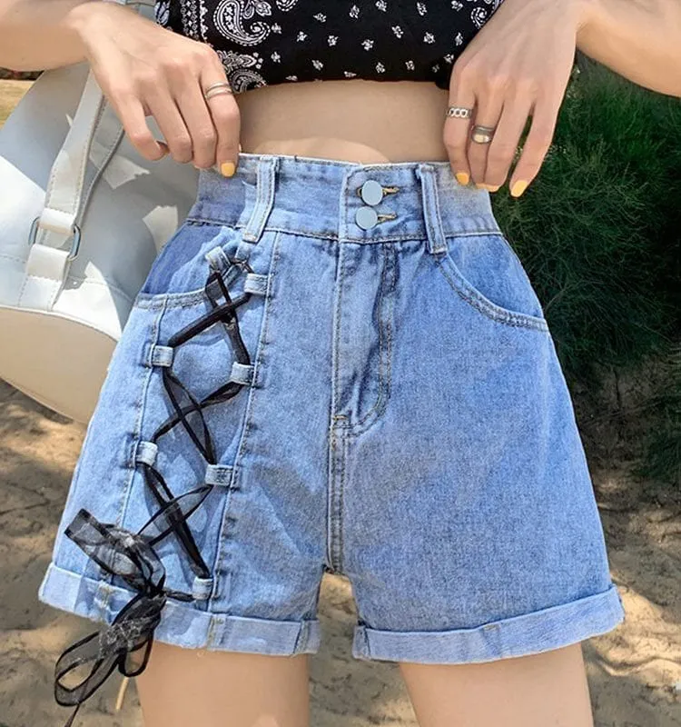 Korean High-waisted Lacing-up Denim Shorts