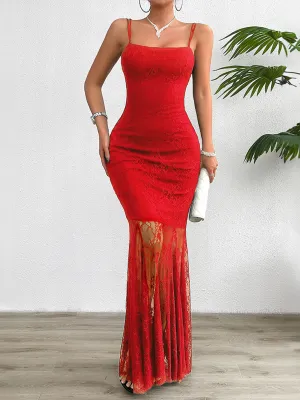 Lace Maxi Dress with Sheer Overlay and Mermaid Silhouette