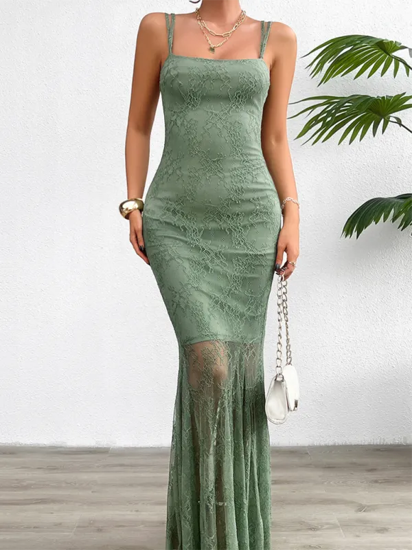 Lace Maxi Dress with Sheer Overlay and Mermaid Silhouette