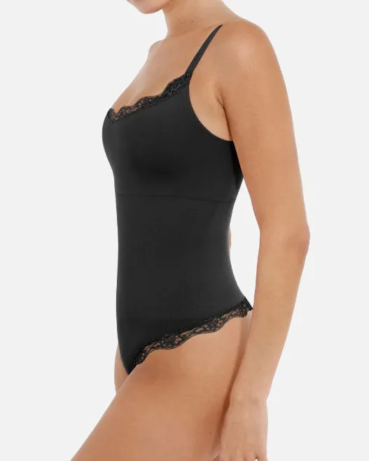 Lace Trim Seamless V-Neck Thong Bodysuit