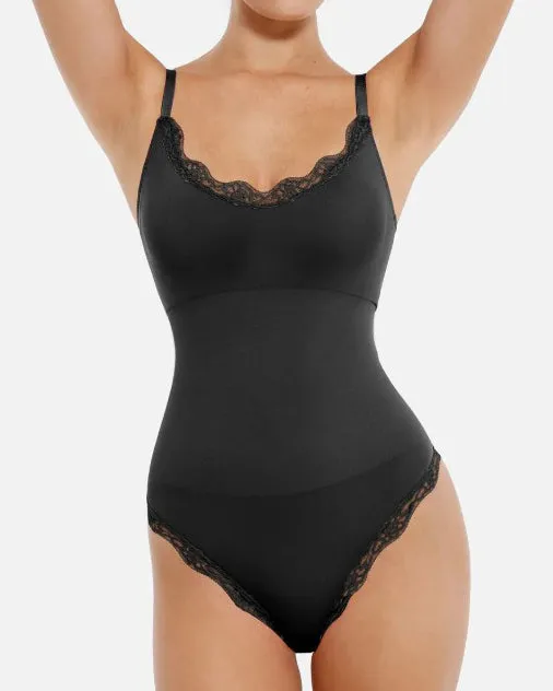 Lace Trim Seamless V-Neck Thong Bodysuit