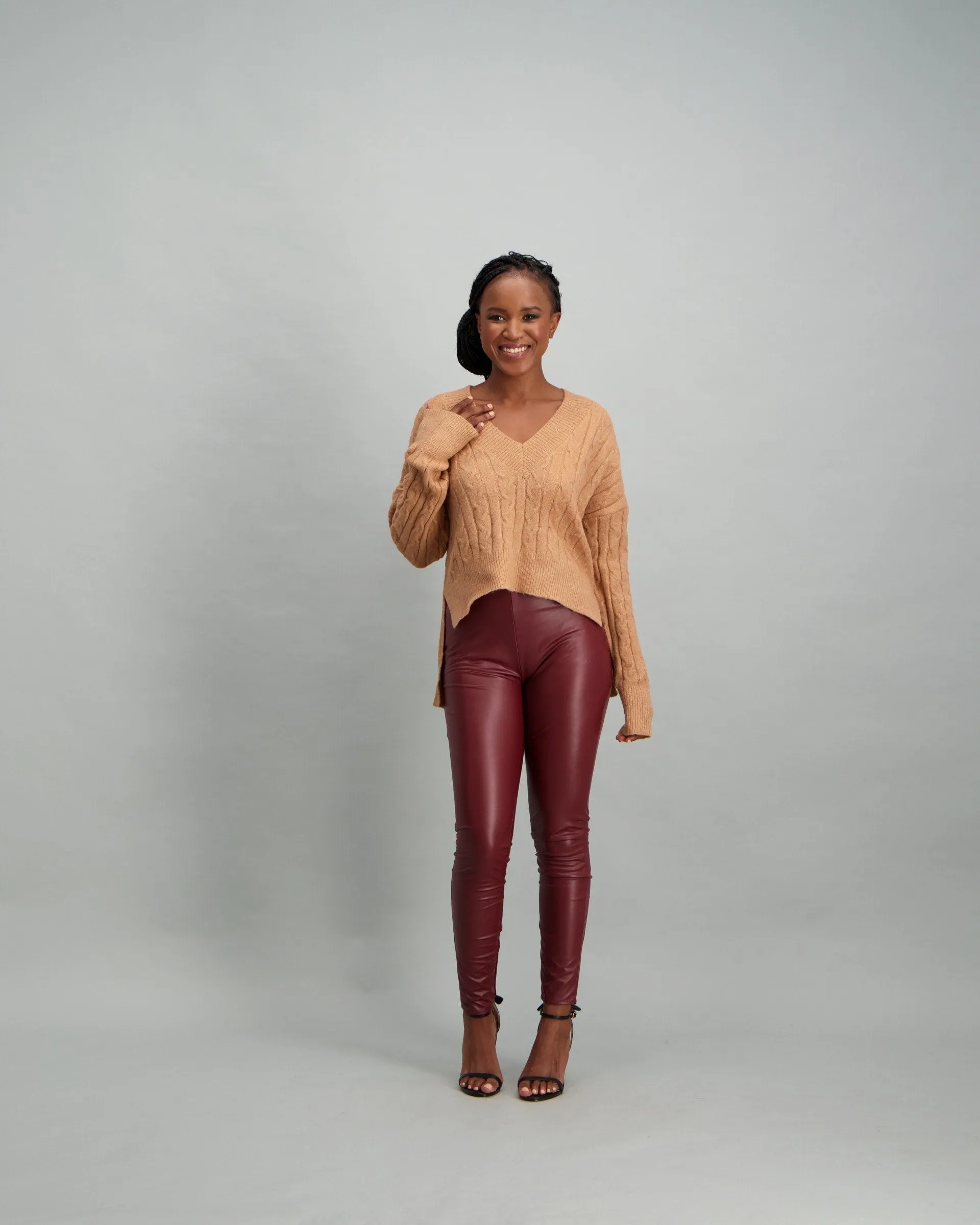 Ladies Cable V-Neck with Hi-Low Hem - Blush