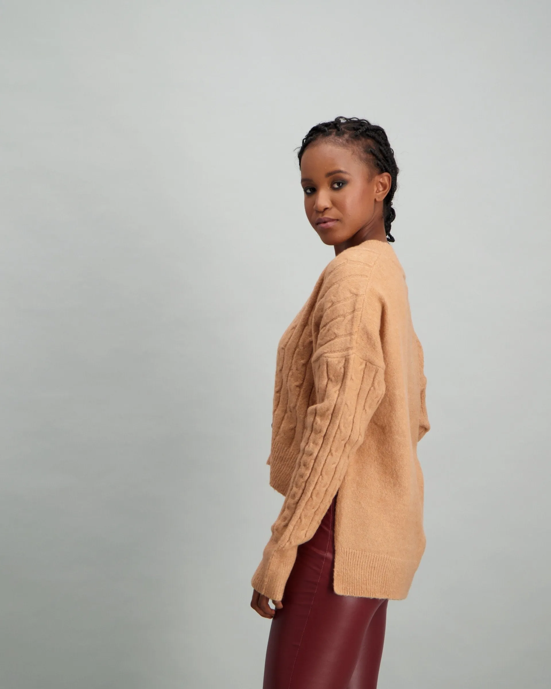 Ladies Cable V-Neck with Hi-Low Hem - Blush