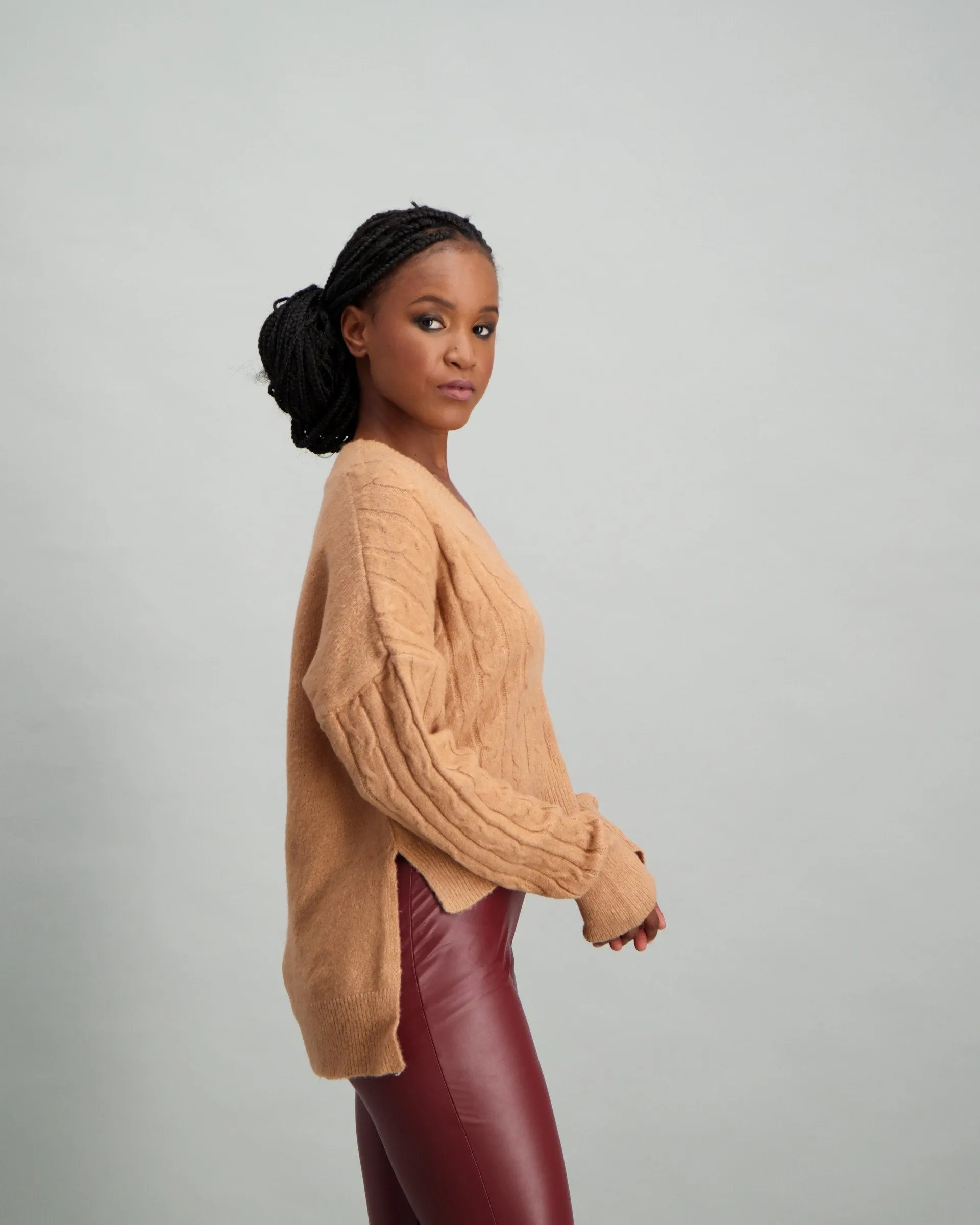 Ladies Cable V-Neck with Hi-Low Hem - Blush
