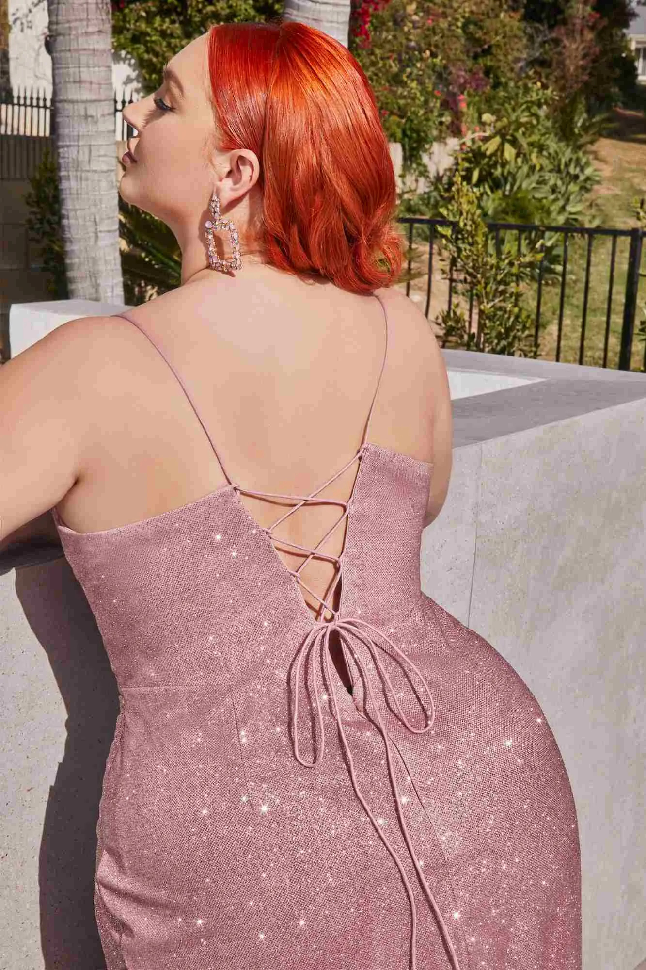 Ladivine CD254C Long Glitter Corset Gown with Cowl Neck and Slit