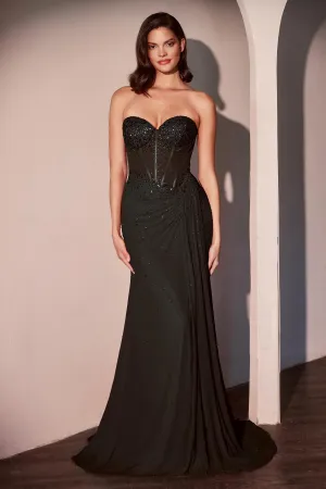 Ladivine CD770 Fitted Strapless Stretch Net Rhinestone Scattered Dress