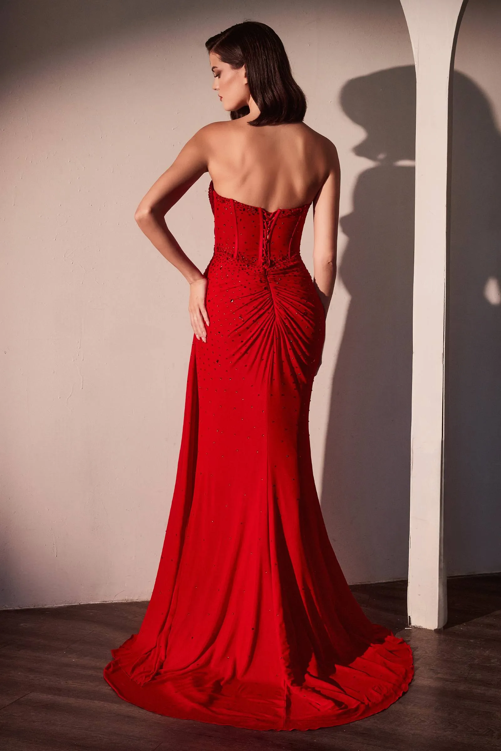 Ladivine CD770 Fitted Strapless Stretch Net Rhinestone Scattered Dress