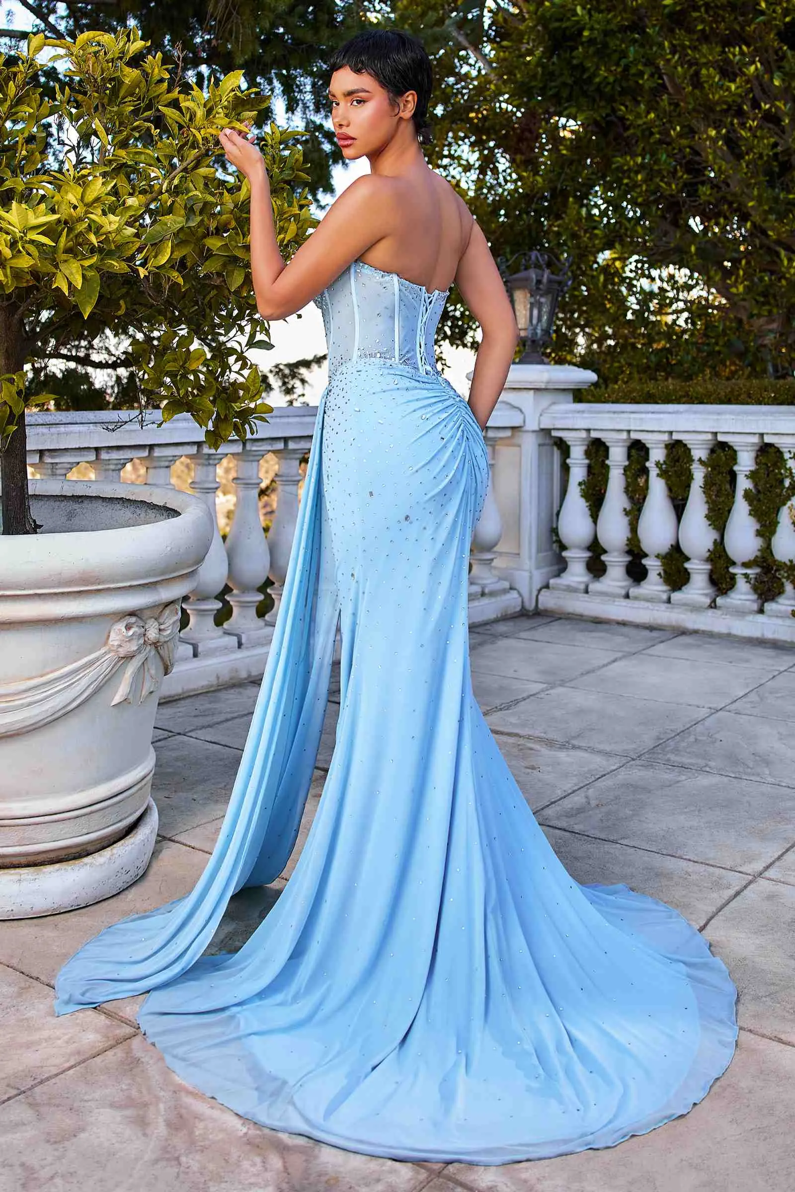 Ladivine CD770 Fitted Strapless Stretch Net Rhinestone Scattered Dress