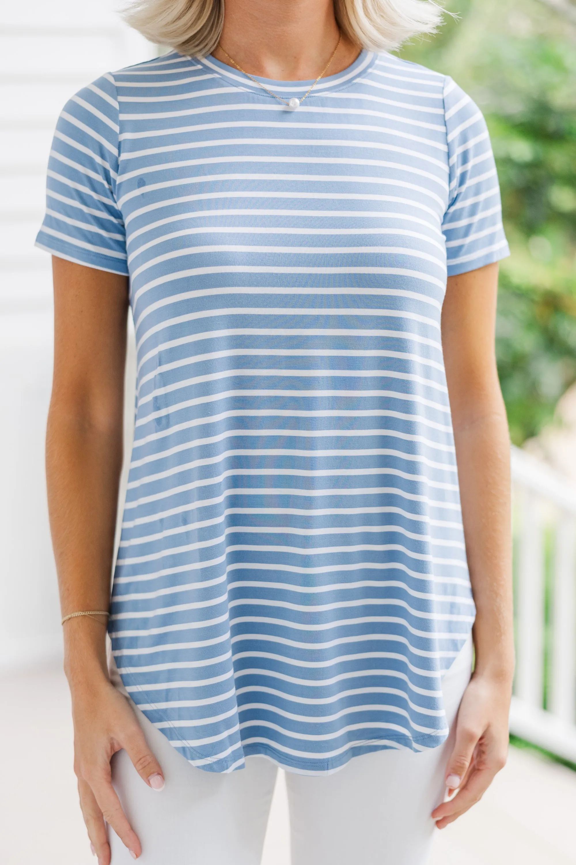 Let's Meet Later Light Blue and Ivory Striped Top