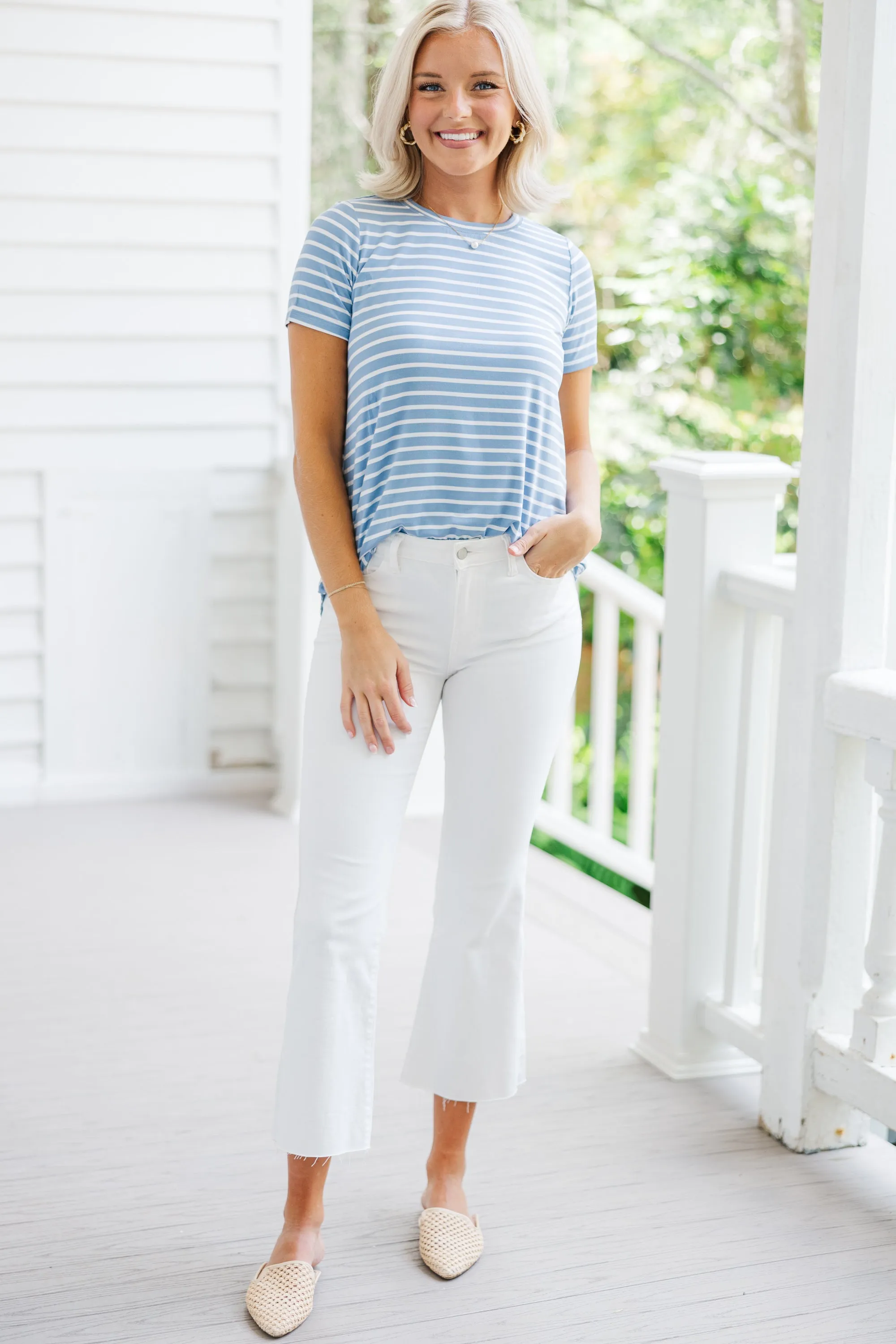 Let's Meet Later Light Blue and Ivory Striped Top