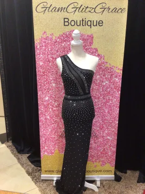 Long Black Bling One Shoulder Fitted Dress With Slit