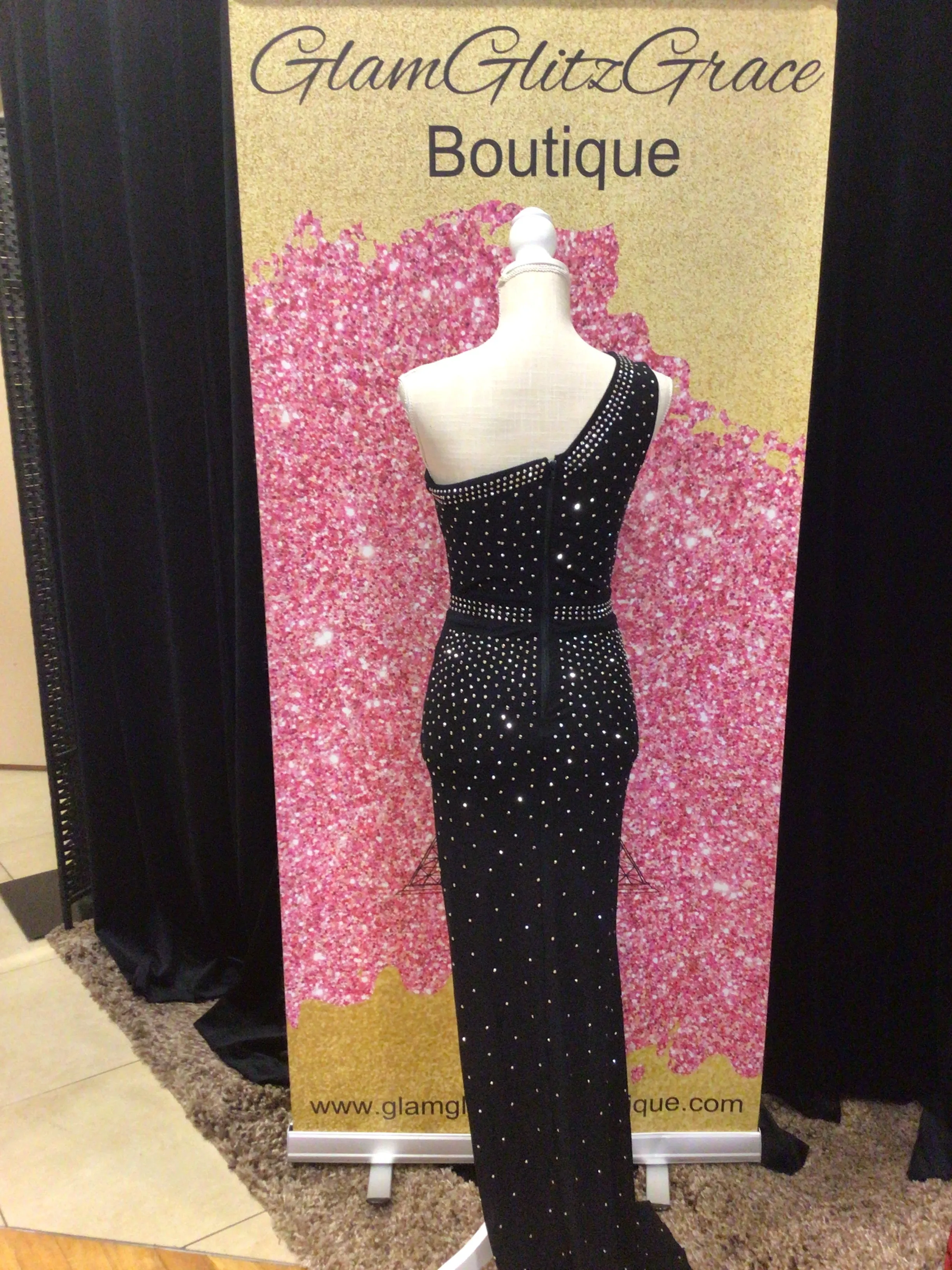 Long Black Bling One Shoulder Fitted Dress With Slit