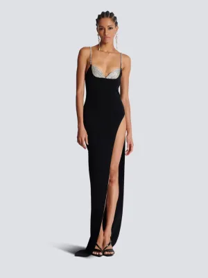 Long Embroidered Knit Dress with Leg Slit