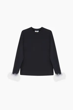 Long Sleeve Stretch Cotton Jersey T-shirt with Detachable Feathers in Black
