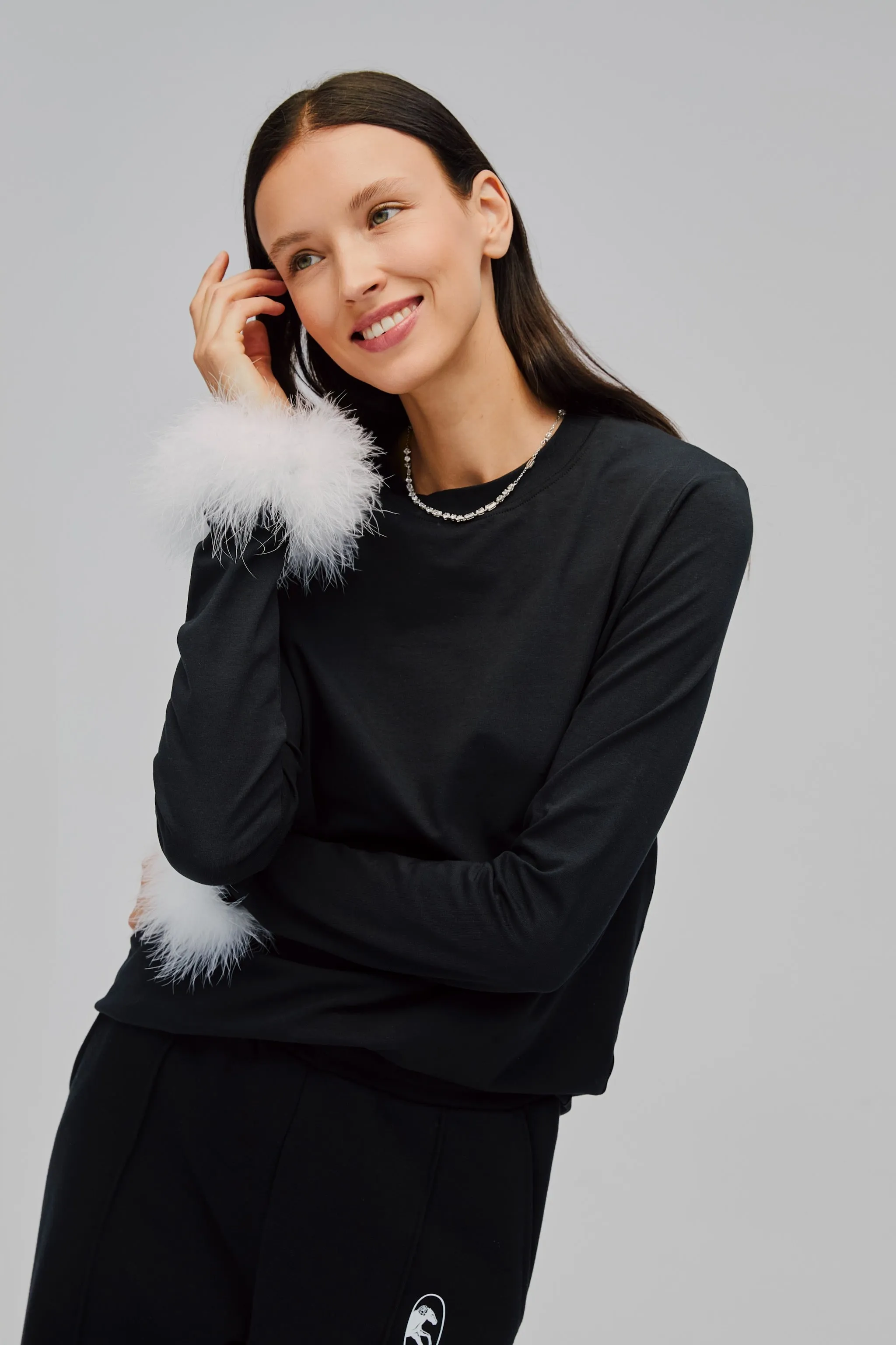 Long Sleeve Stretch Cotton Jersey T-shirt with Detachable Feathers in Black