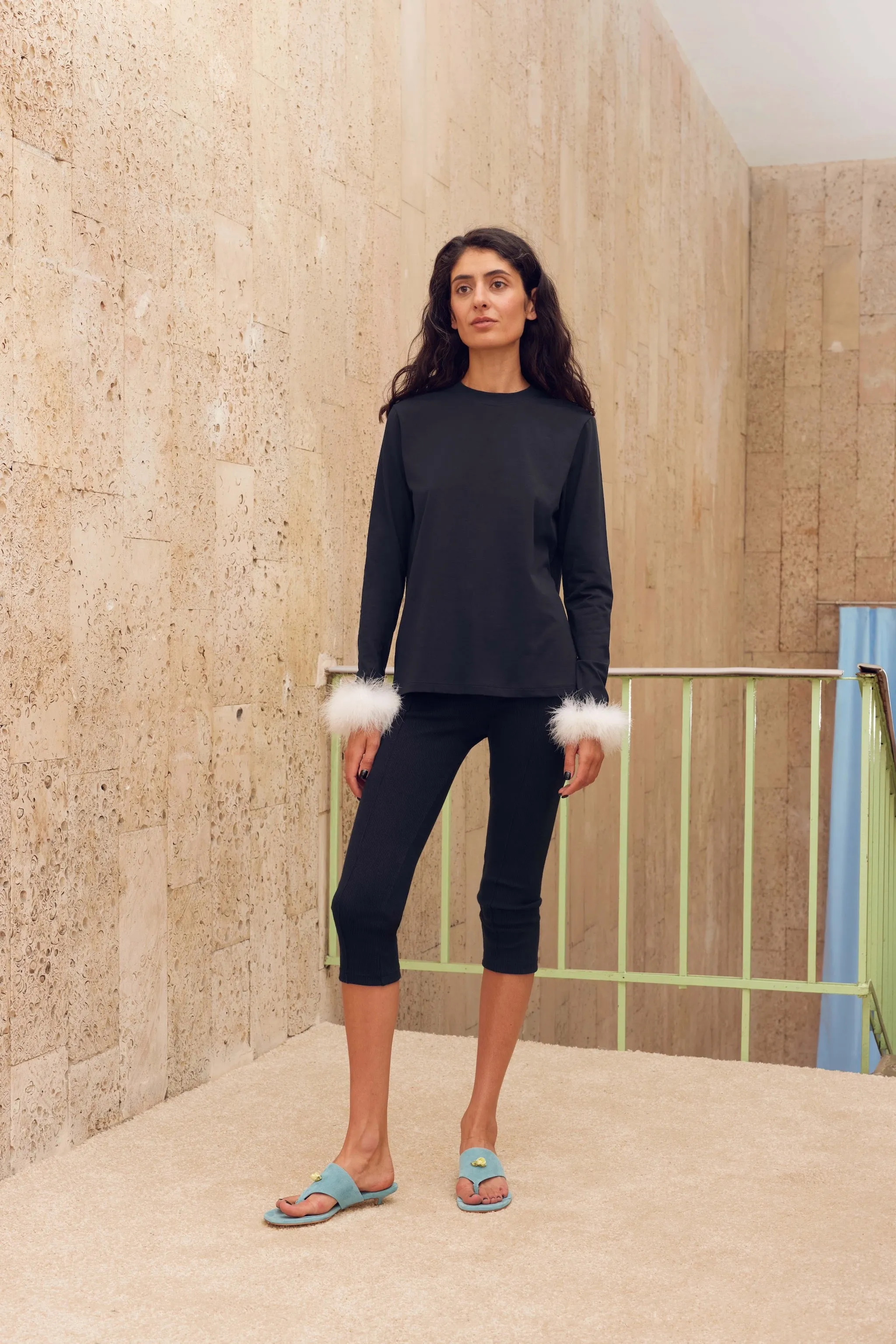 Long Sleeve Stretch Cotton Jersey T-shirt with Detachable Feathers in Black