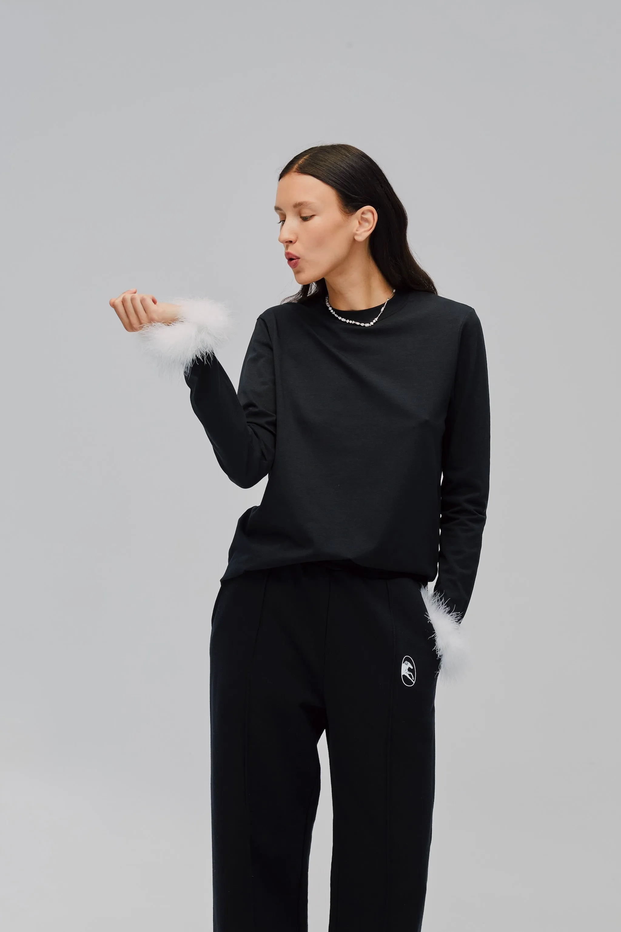 Long Sleeve Stretch Cotton Jersey T-shirt with Detachable Feathers in Black