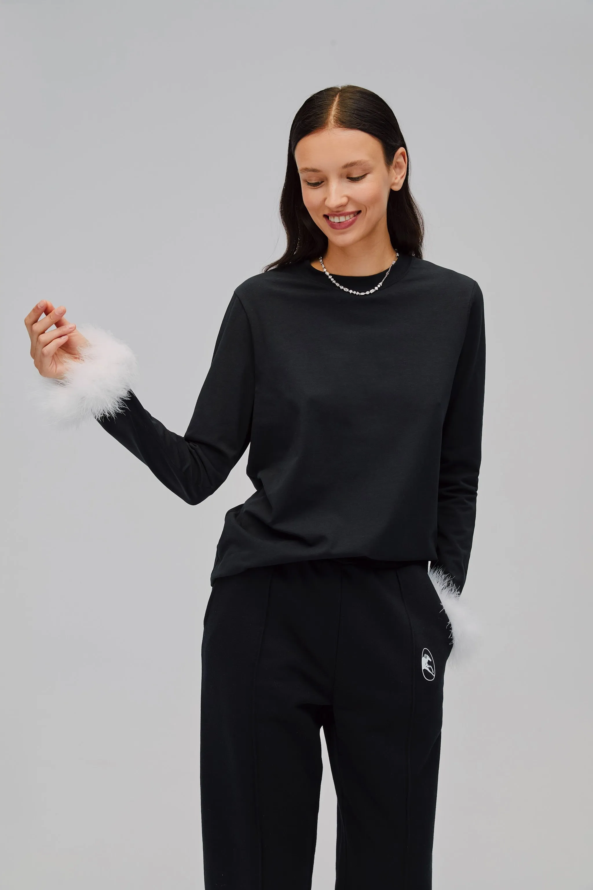 Long Sleeve Stretch Cotton Jersey T-shirt with Detachable Feathers in Black