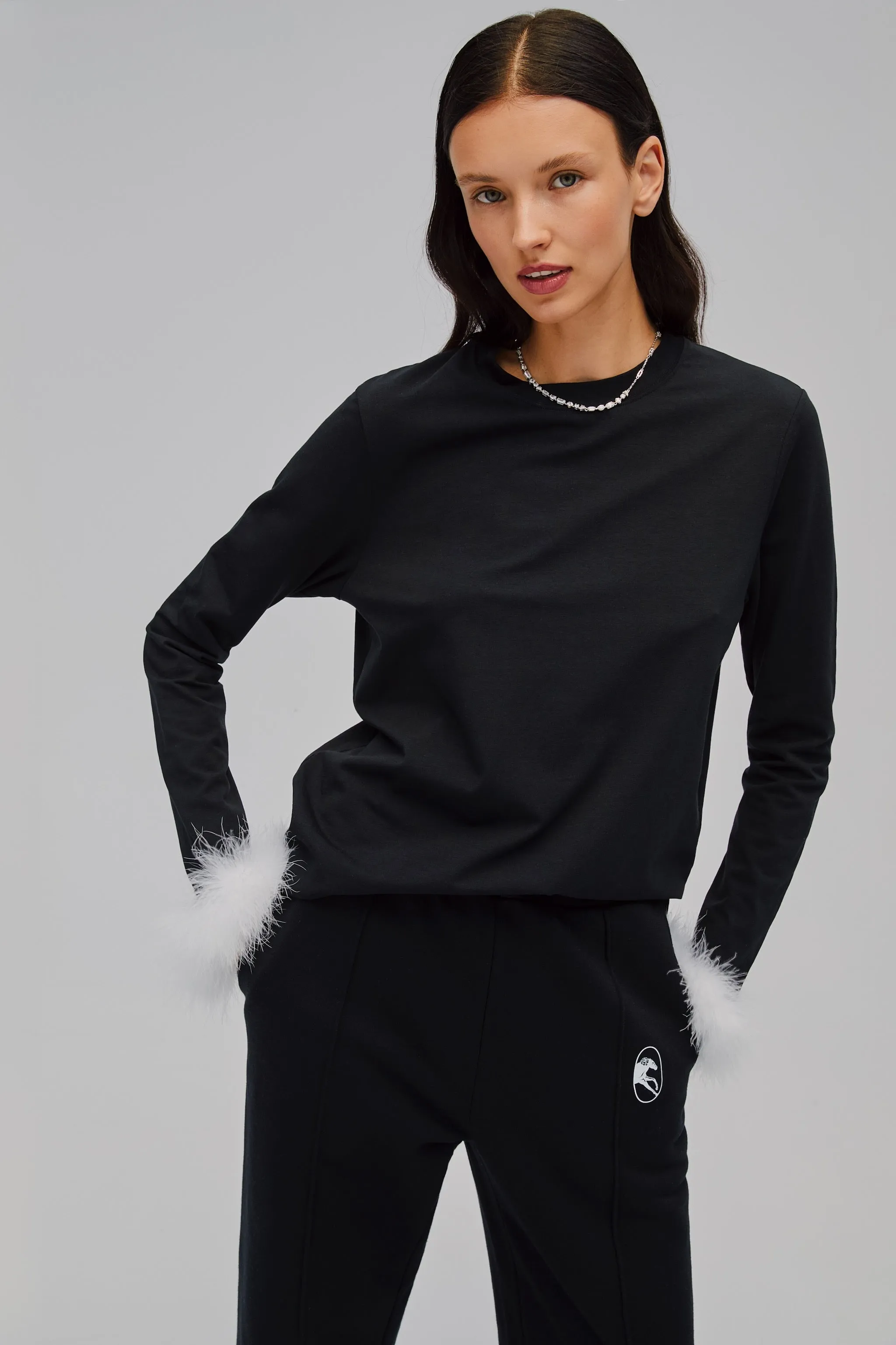 Long Sleeve Stretch Cotton Jersey T-shirt with Detachable Feathers in Black