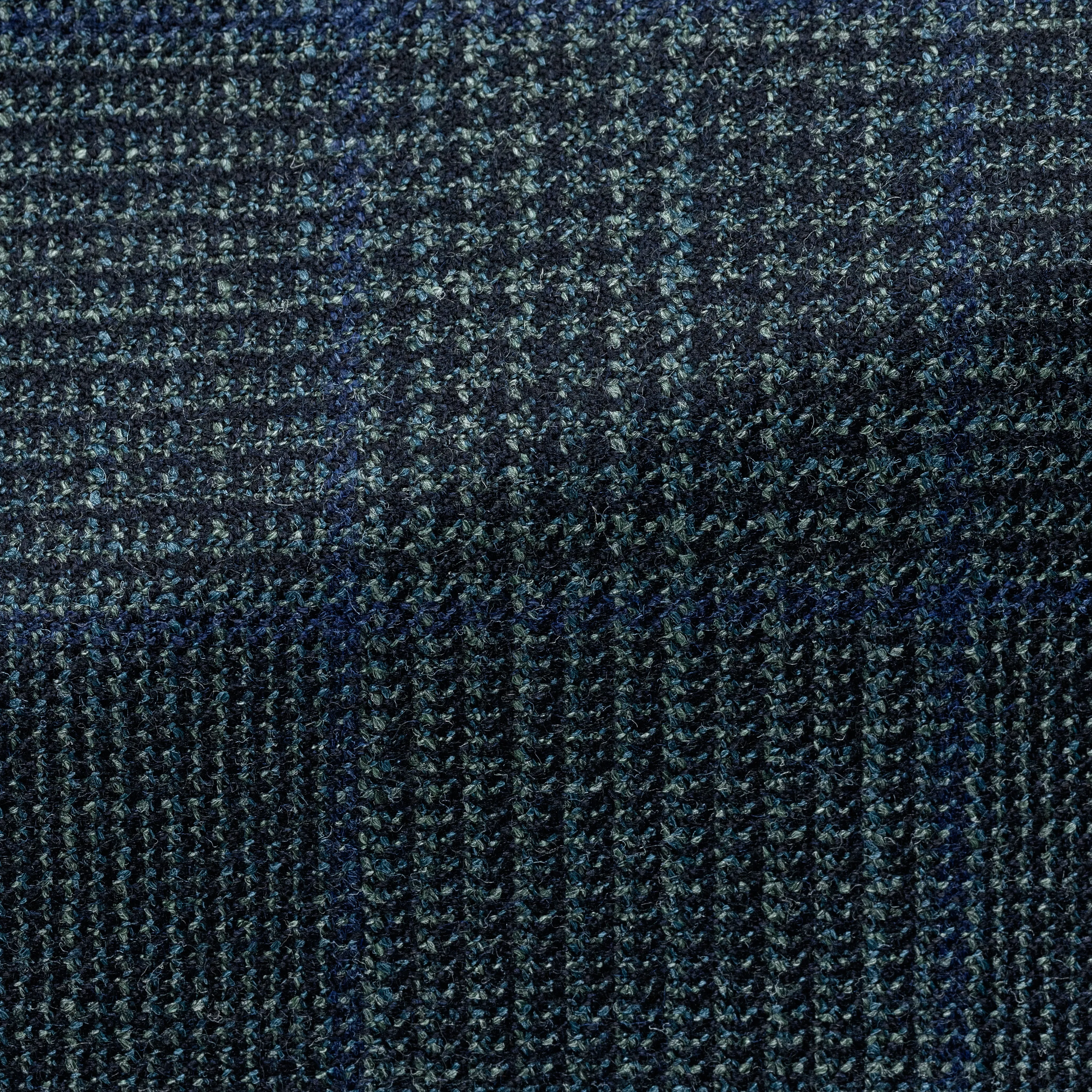 Loro Piana Silk Air Green & Midnight Blue Wool, Silk & Cashmere Glencheck with Blue Check