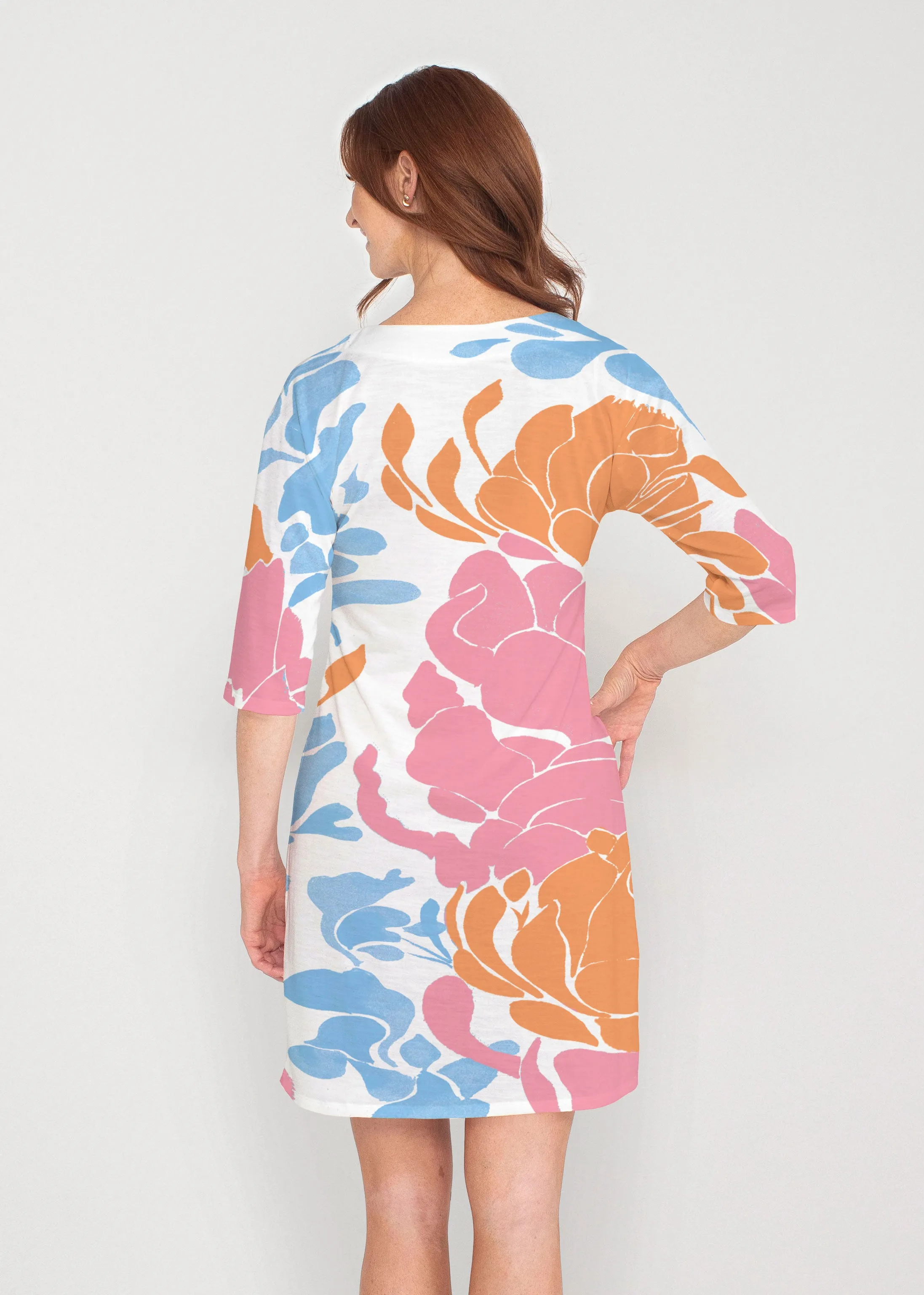 Lotus Pink/Orange (23058) ~ Drop Shoulder 3/4 Sleeve V-Neck Dress