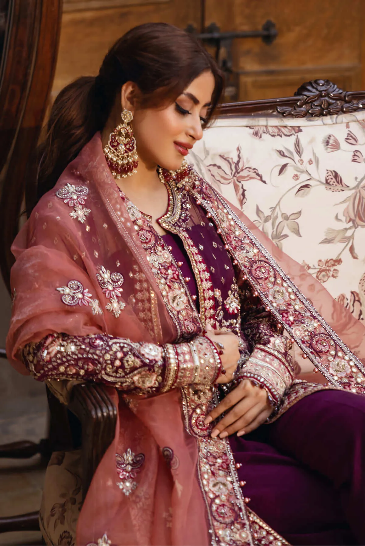 Luxury Magenta Embroidered Pakistani Wedding Dress Open Front Gown