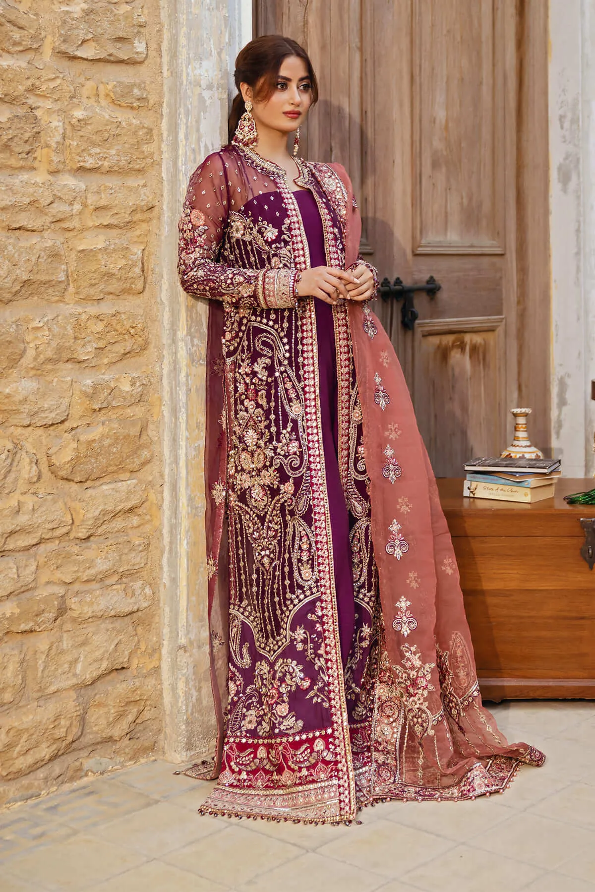 Luxury Magenta Embroidered Pakistani Wedding Dress Open Front Gown