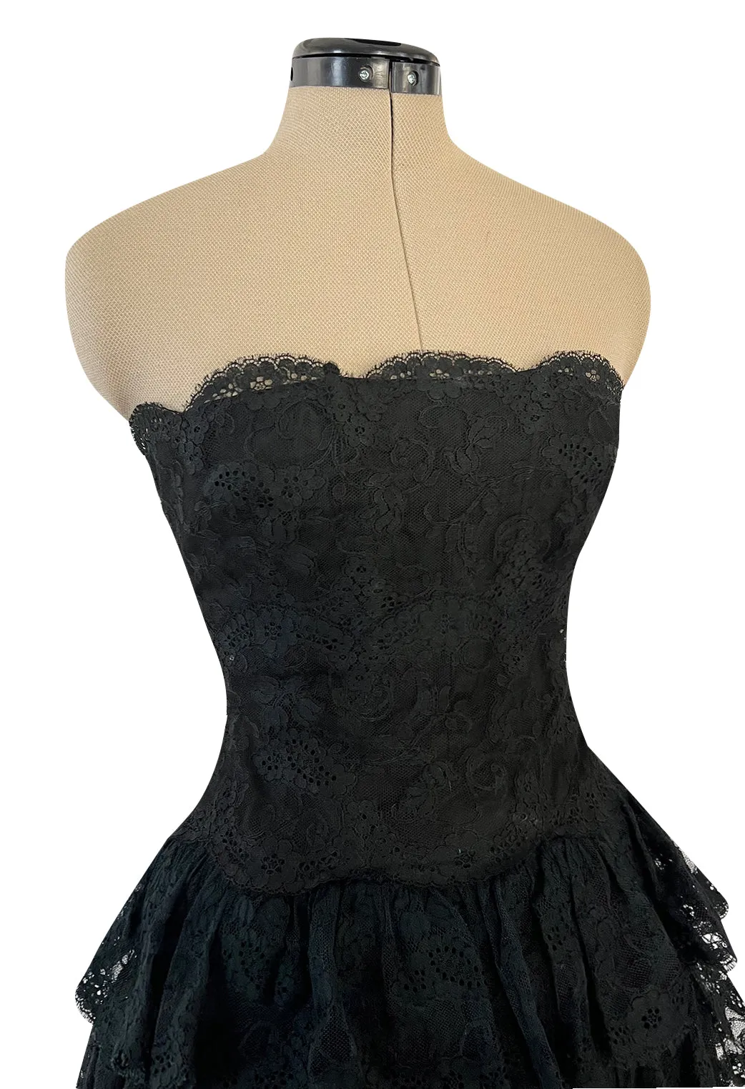 Magnificent 1980s Arnold Scaasi Couture Strapless Tiered Black French Lace Dress