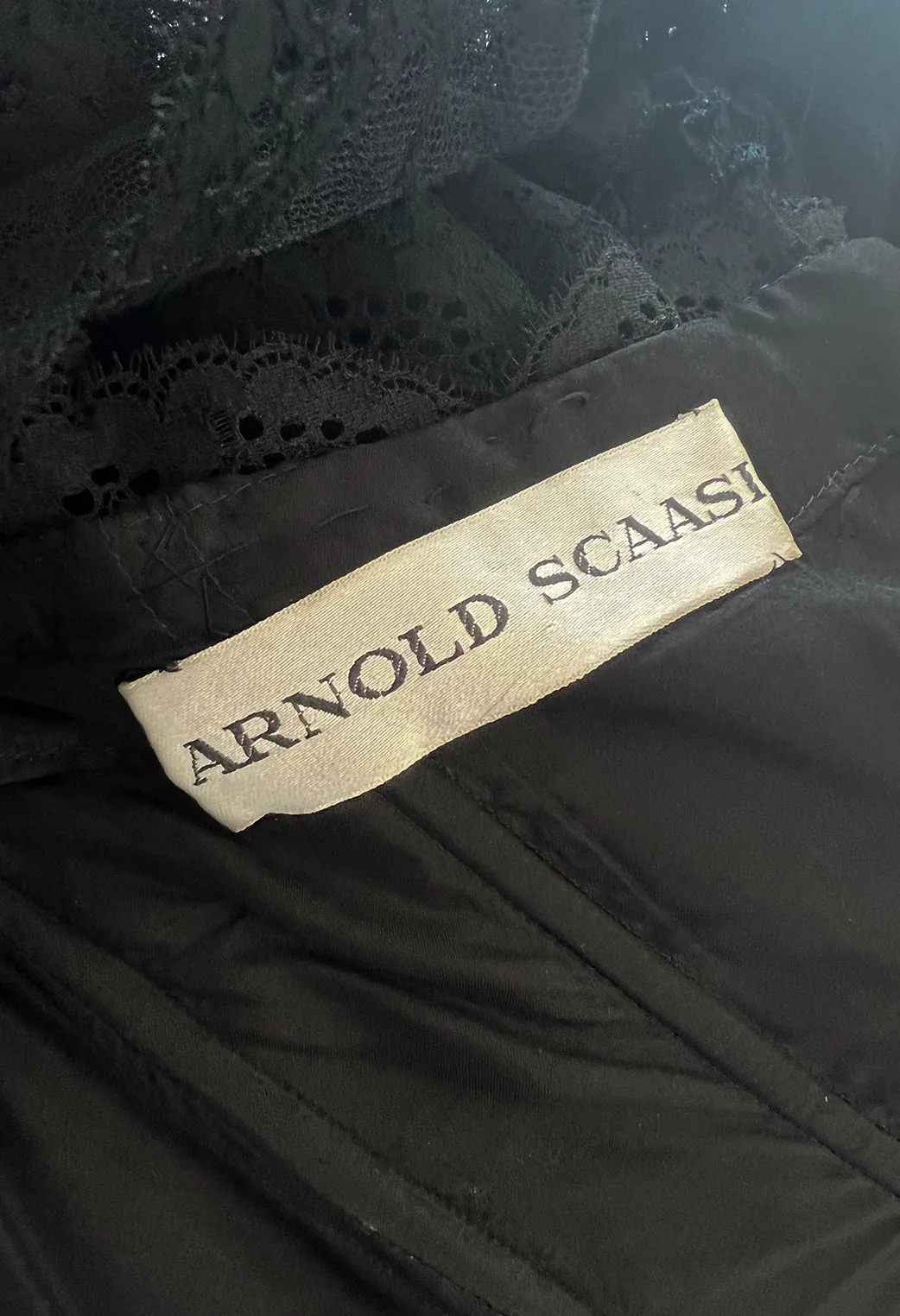 Magnificent 1980s Arnold Scaasi Couture Strapless Tiered Black French Lace Dress