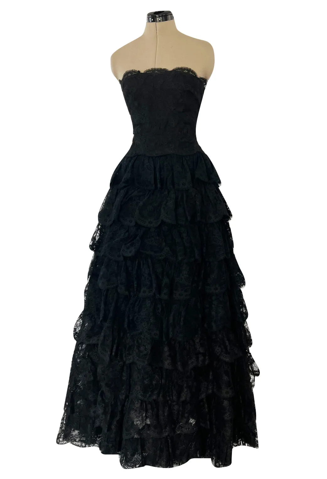Magnificent 1980s Arnold Scaasi Couture Strapless Tiered Black French Lace Dress